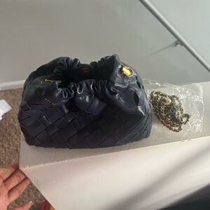 Woven Leather Shoulder Bag with Gold Chain Strap in Navy Blue